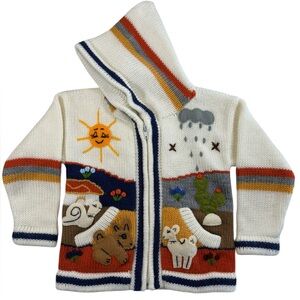 EUC Isabella Mia Peruvian Hand-Knit full-zip "Happy Sweater" 3D Arpillera Kids 4